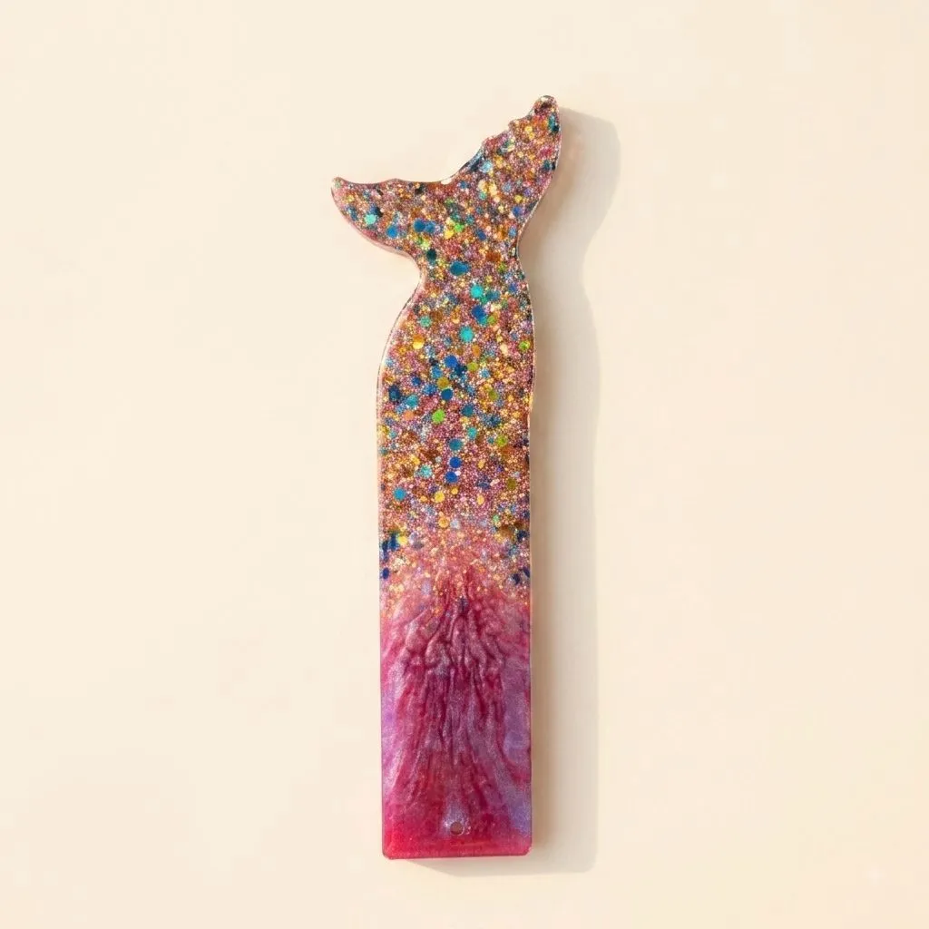 Mermaid tail bookmark, holographic rainbow glitter melting into deep pink marbling