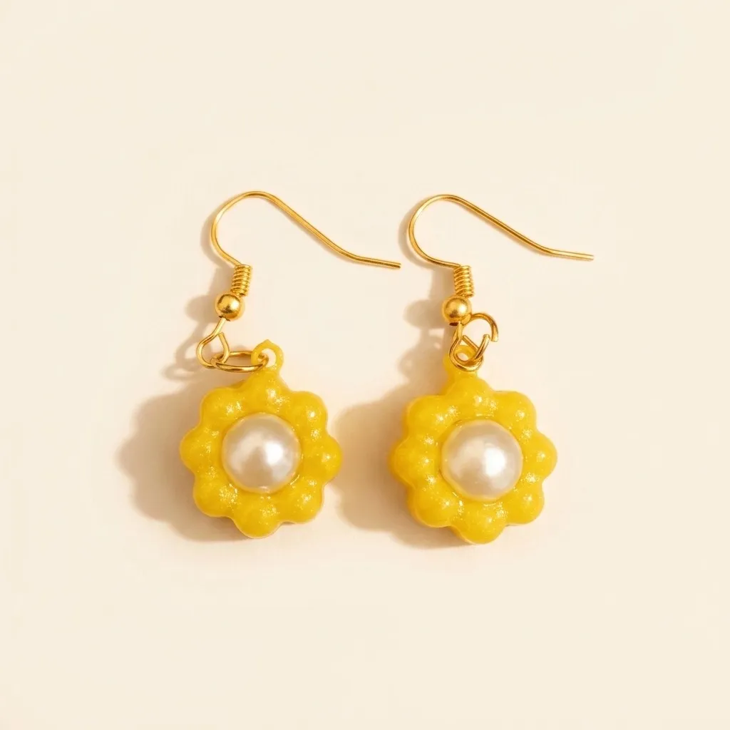 Yellow flower drop earrings with a fine shimmer through the resin and a large white pearl set in the centre, on gold hooks