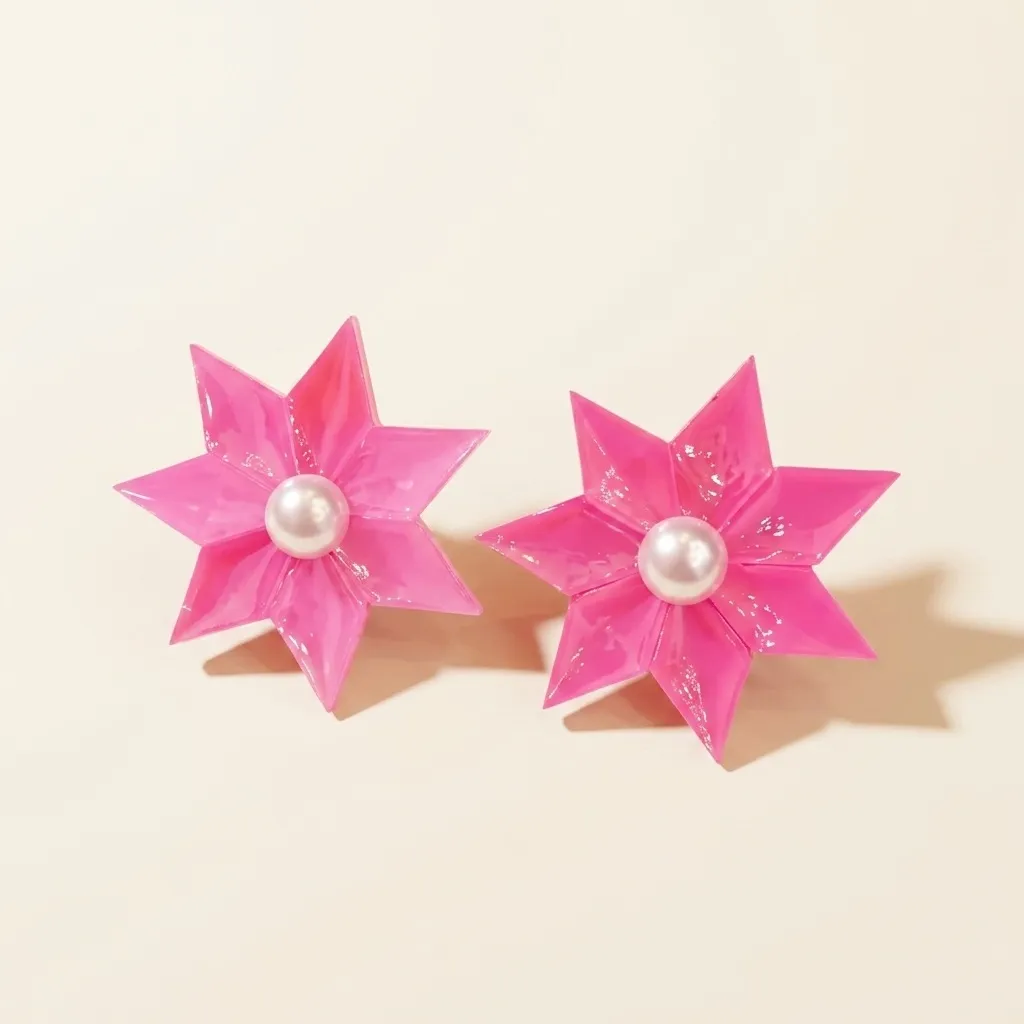 Pink star flower stud earrings in glossy hot pink resin with a single pearl set at the centre of each