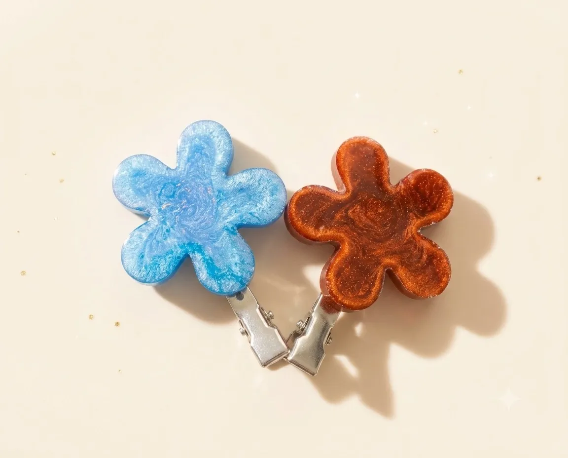Two resin flower hair clips side by side, one bright blue and one deep maroon, on silver alligator clips