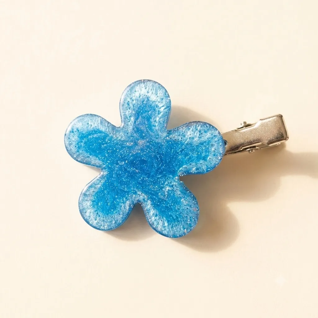 Bright blue five-petal resin flower hair clip with white pearl shimmer marbled through it, on a silver alligator clip